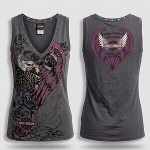 Harley-Davidson Tank Women XL Sleeveless Eagle Velvet Print Gromets 2011 Gray OH